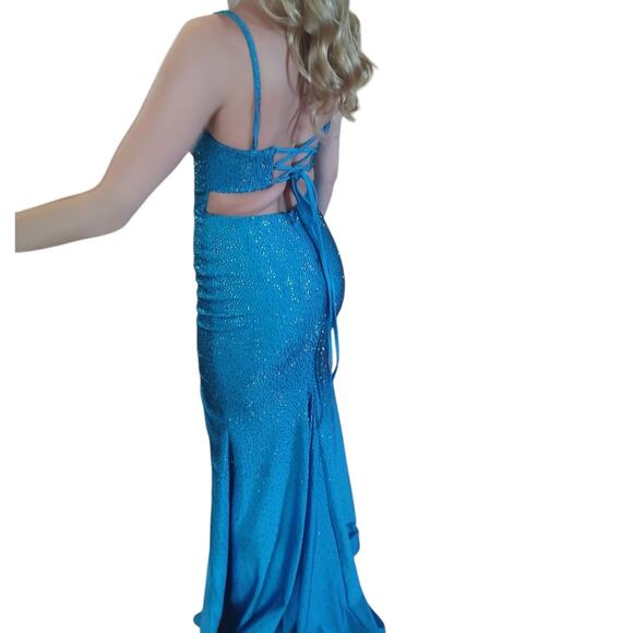Sherri Hill Dress 00 Blue Prom Sequined Maxi High Slit Cut Out Lace Up Back - Picture 2 of 15